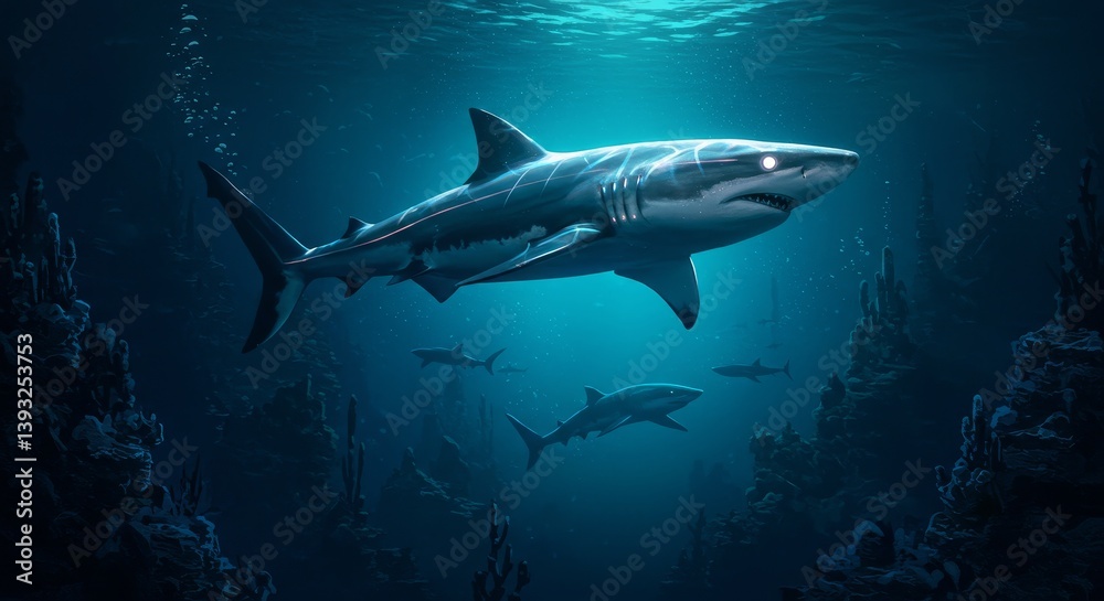 Fototapeta premium Majestic Shark in Deep Ocean - A large shark swims majestically through a dark, deep ocean, surrounded by coral reefs and smaller sharks