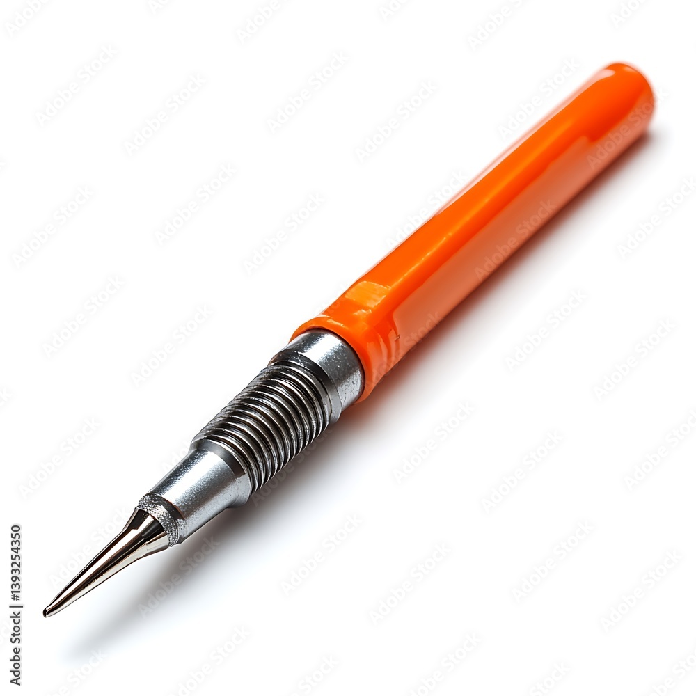 An orange and metal tool resting on a white surface An orange and metal tool resting on a white surface