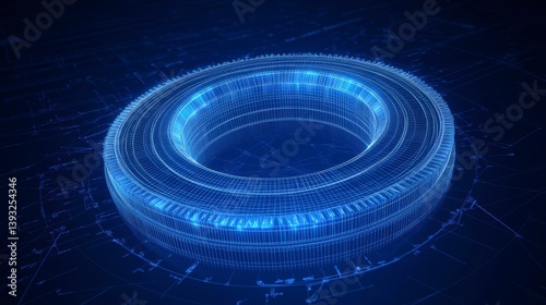Futuristic glowing tire concept on blueprint background.