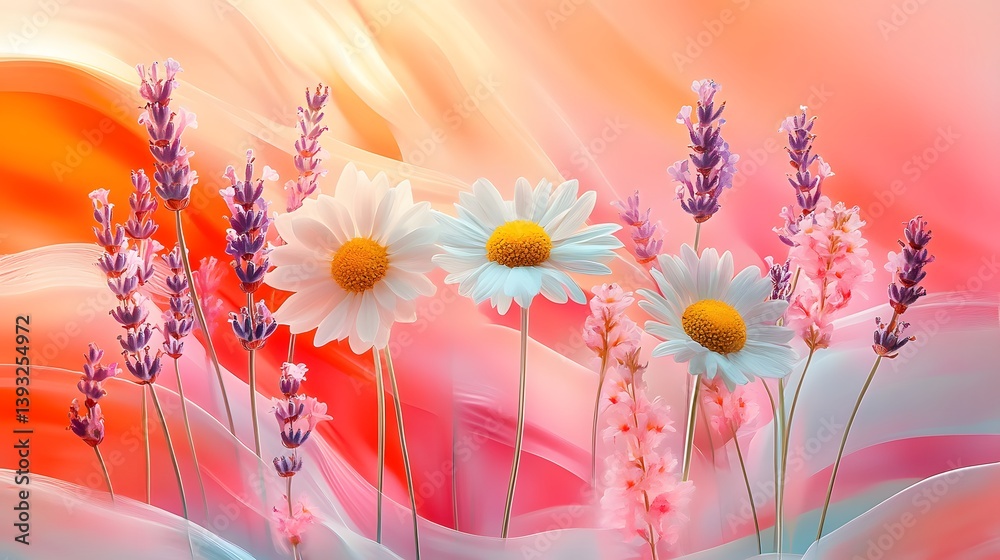 Obraz premium Vibrant summer bouquet of white daisies and purple lavender on glowing pink and orange abstract background in dreamy floral design