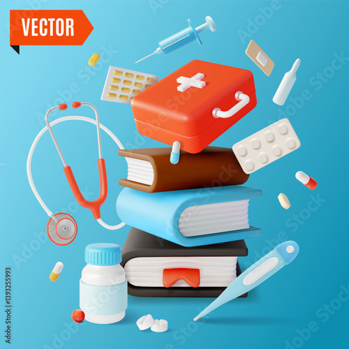 3d Improving Medical Practice Concept Background Cartoon Design Style Pile of Books and Floating Around First Aid Kit and Stethoscope . Vector illustration