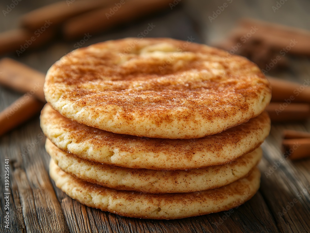 A stack of sweet cinnamon sugar cookies on wooden surface A stack of sweet cinnamon sugar cookies on wooden surface