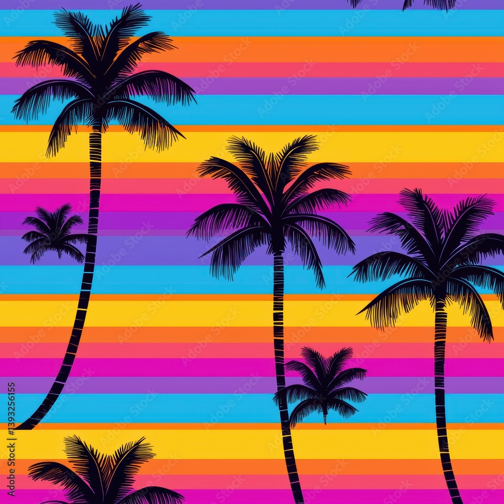 Seamless pattern of pixelated ocean waves, 80s synthwave sunbursts, and geometric vaporwave palm silhouettes, a retro-futuristic summer aesthetic., copy space for text - paradise Seamless pattern of pixelated ocean waves, 80s synthwave sunbursts, and geometric vaporwave palm silhouettes, a retro-futuristic summer aesthetic., copy space for text - paradise