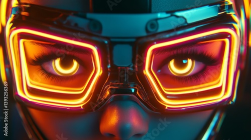 Obraz na płótnie Futuristic neon cyberpunk style with glowing glasses and intense eyes for sci-fi design w salonie