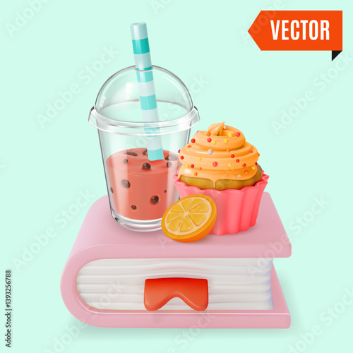 3d Bubble Tea and Cupcake with Orange Taste on Top of Cooking Book Cartoon Design Style. Vector illustration