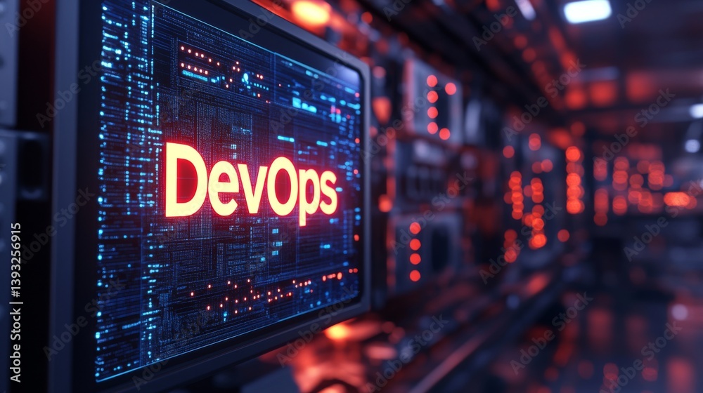 Futuristic devops technology in neon-lit server room environment Futuristic devops technology in neon-lit server room environment