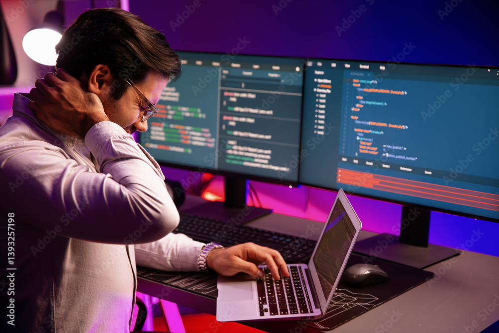 IT developer being tried of overwork on solve problem in error software coding system with sitting to stretch body, concept of programmer working online website database at neon light office. Surmise.