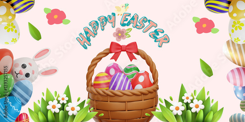 Cute 3D Happy Easter Calligraphy With Bunny, Eggs, and Flowers Greeting Card Illustration Vector. Easter Postcard Banner. Spring Holiday, Family, Symbol, Top View, Celebration, Rabbit, Poster, Basket