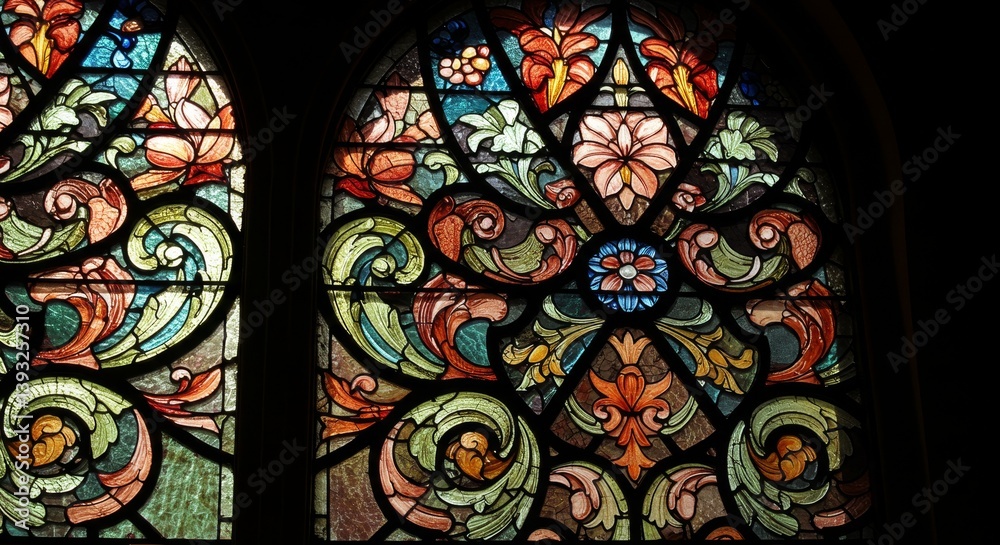 Fototapeta premium Ornate Stained Glass Window Detail - Close-up view of a vibrant, intricately designed stained glass window, showcasing swirling patterns and floral motifs