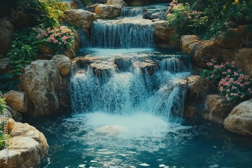 Cascading waterfall feature in a landscaped garden