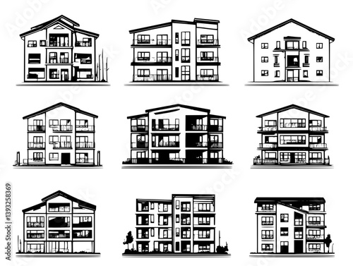 Collection of Apartment buildings vector icons, Apartment buildings vector illustrations