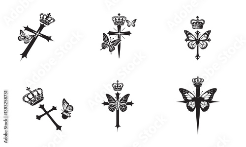 Decorative crucifix religion catholic symbol, Christian crosses. orthodox faith church cross icons design, isolated flat set. vector illustration.