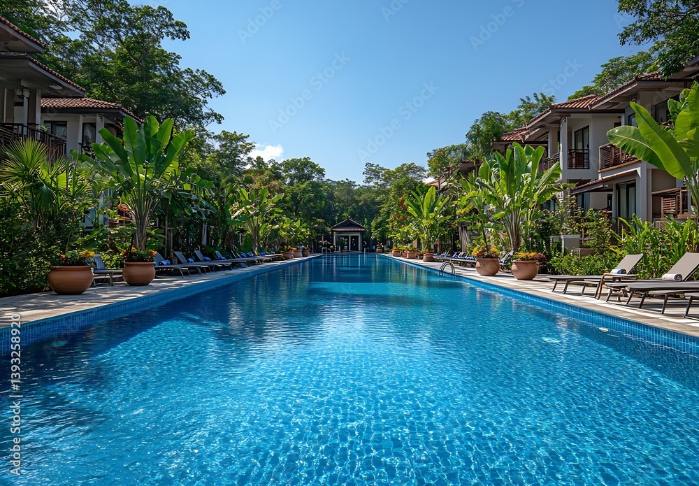 custom made wallpaper toronto digitalBeautifully designed swimming pool surrounded by tropical plants and luxury resort architecture : Generative AI