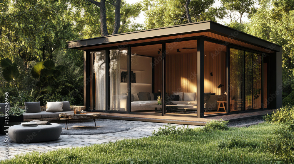 Fototapeta premium A contemporary cabin surrounded by vibrant greenery showcases expansive glass walls. The inviting outdoor seating area is perfect for relaxation during warm afternoons