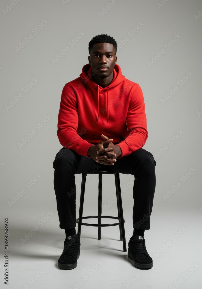young man sitting on chair with red hoddie and black pants young man sitting on chair with red hoddie and black pants