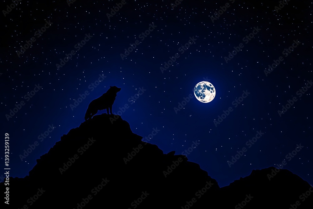 Naklejka premium Dire wolf silhouette of a wolf howling at the moon under a starry night sky on top of a dark mountain