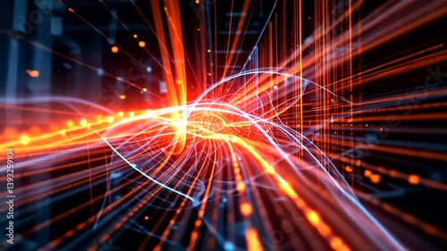 Abstract digital art depicting vibrant light trails and energy flows in a dark environment