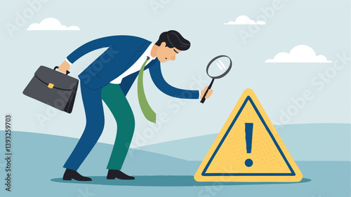 Businessman Investigating Warning Sign With Magnifying Glass Represents Risk Management