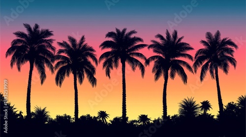 Vibrant sunset with palm trees silhouette for tropical summer design