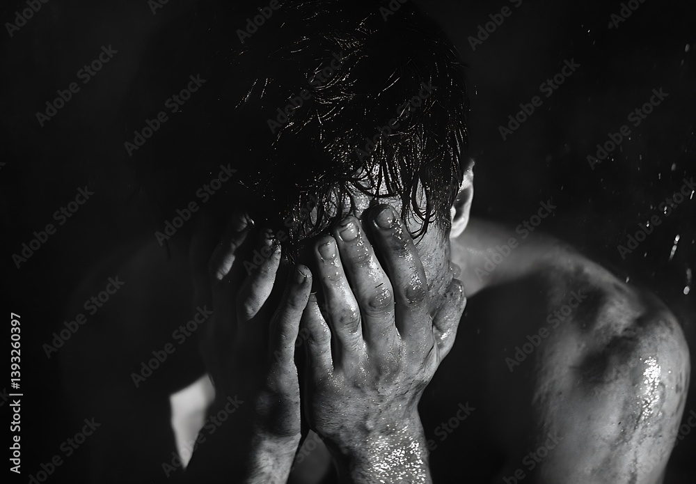 Young man in anguish hiding his face with wet hands in a dark and dramatic scene : Generative AI Young man in anguish hiding his face with wet hands in a dark and dramatic scene : Generative AI