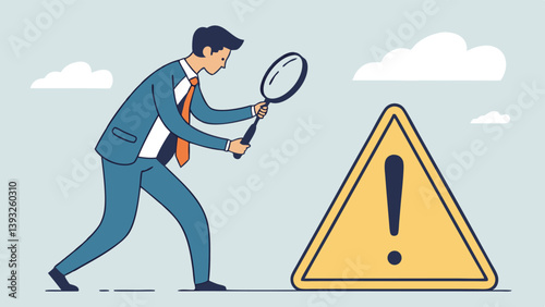 Businessman Inspecting Exclamation Mark Sign With Magnifying Glass For Risk Assessment