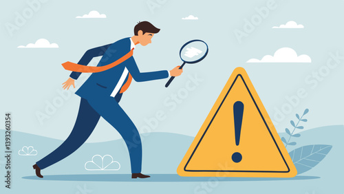 Businessman Examining Exclamation Mark Sign With Magnifying Glass Concept Illustration