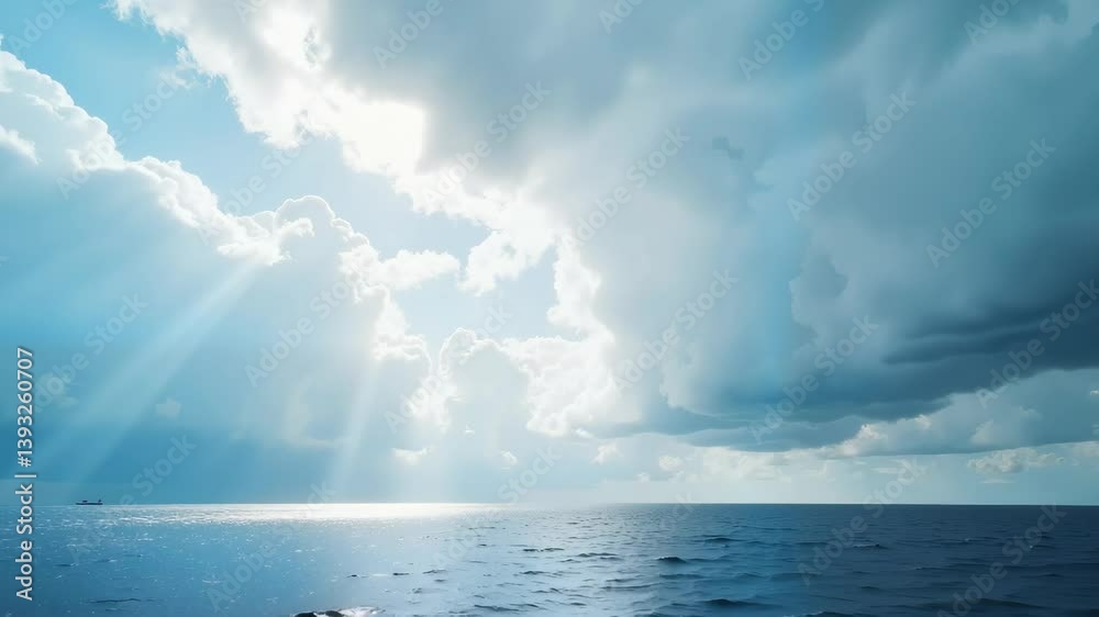 Serene ocean view under dramatic clouds and sunlight rays Serene ocean view under dramatic clouds and sunlight rays