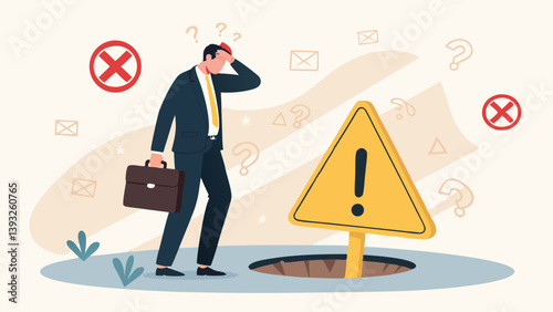 Businessman Dilemma Caution Sign Approaching Pitfall Illustration Concept