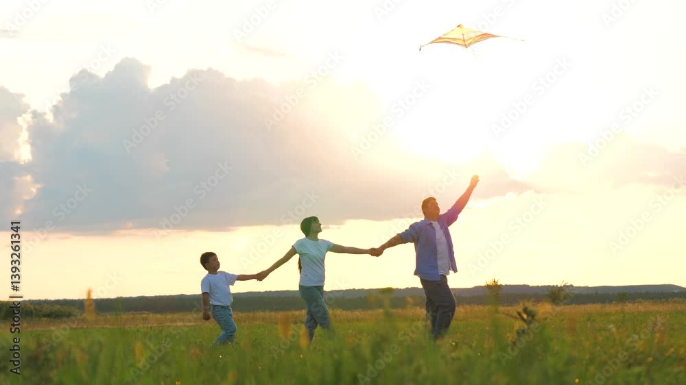 Family playing with flying kite holding hands at sunset grass wheat field outdoor leisure. Happy mother father and son relaxing enjoy freedom lifestyle weekend activity at meadow nature landscape Family playing with flying kite holding hands at sunset grass wheat field outdoor leisure. Happy mother father and son relaxing enjoy freedom lifestyle weekend activity at meadow nature landscape