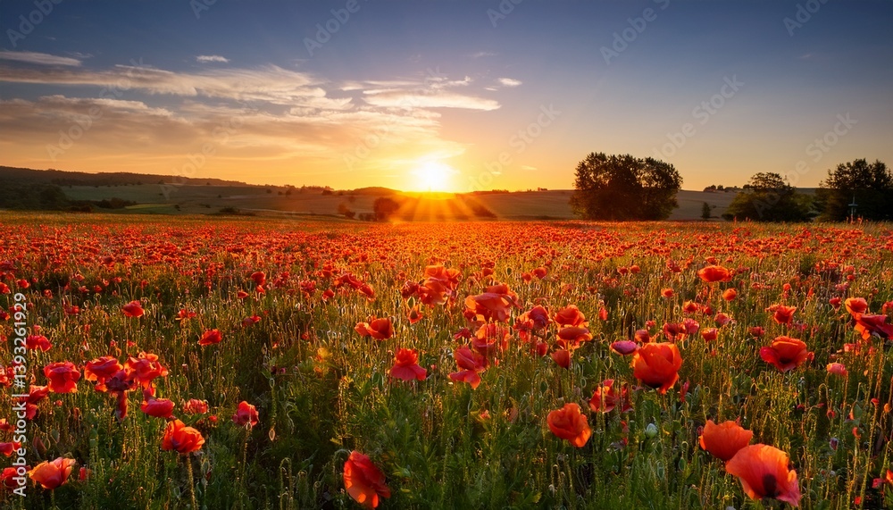 Fototapeta premium sunset over poppy field