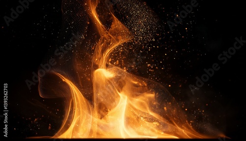 abstract image of orange fire or flames with sparkles and smoke in black background