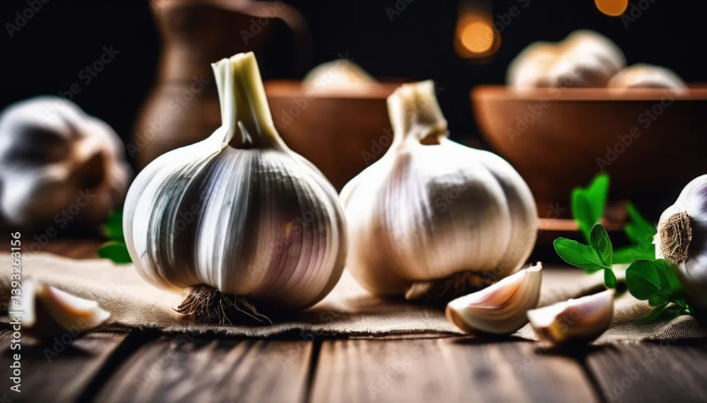 Obraz premium Garlic on the wooden board. Close up 