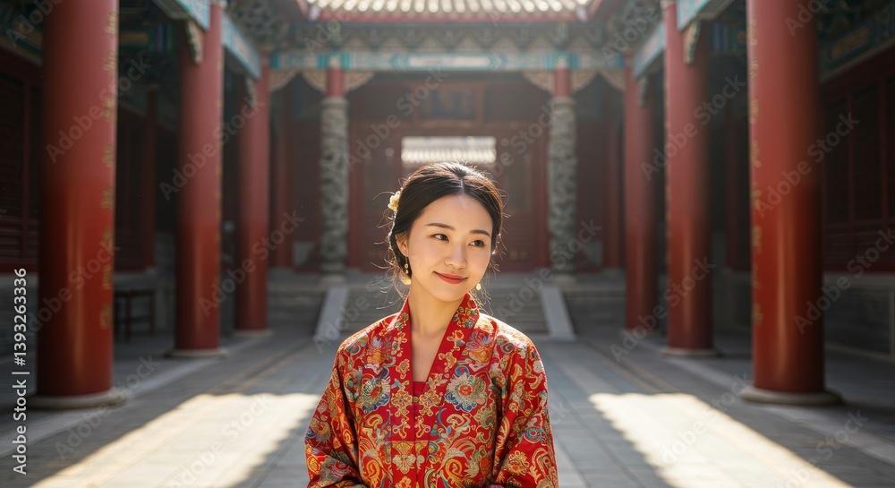 Fototapeta premium Serene Beauty: Young Woman in Traditional Chinese Dress at Ancient Temple - A young Asian woman, serene expression, wears a red and gold embroidered Chinese dress. Symbolizing grace, tradition