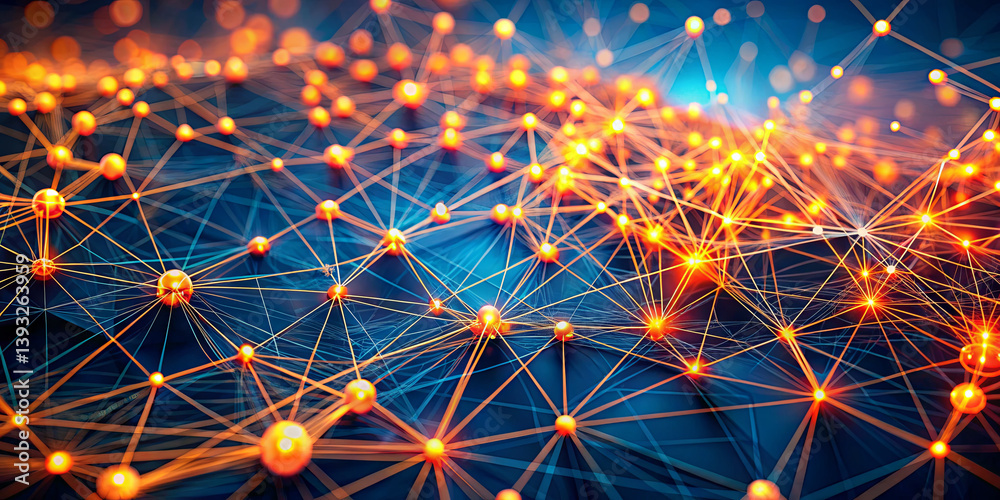 Fototapeta premium Brightly lit connections form a complex web against a dark backdrop, representing data transfer and digital communication in modern technology and networking