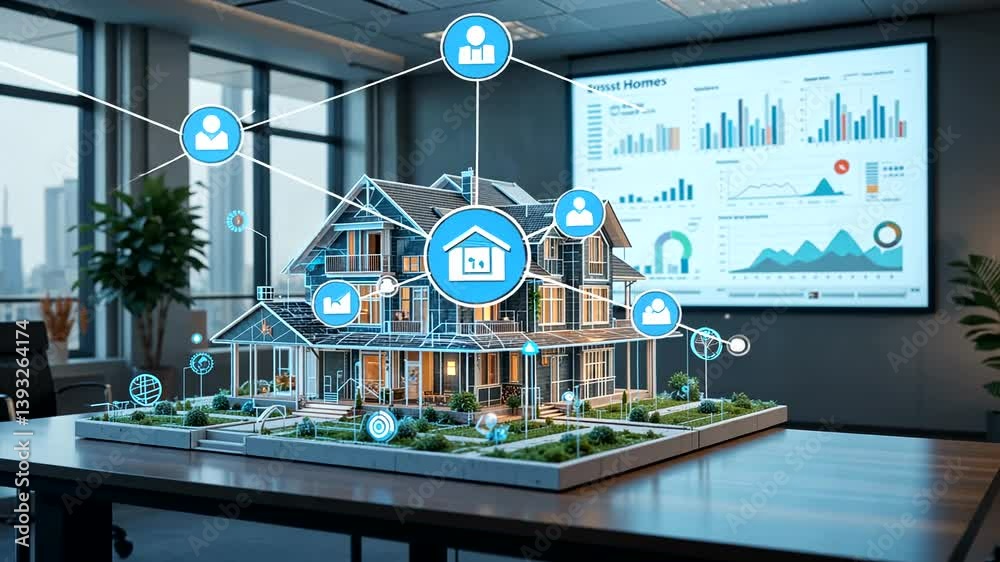 Modern office showcasing a 3D house model with data visualization on a large screen behind