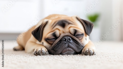 Sleeping Pug Puppy on Carpet, Soft Focus, Natural Lighting, High Resolution, Close-up Ground View, Sweet Peaceful Expression, Resting Indoors, Warm Beige Tones, Ideal for Pet Adoption Ads photo