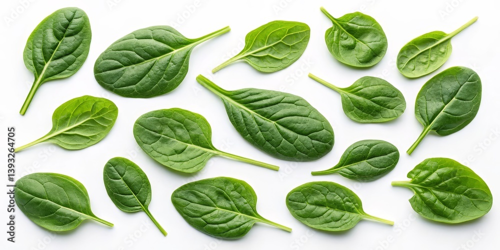 Fresh Spinach Leaves Pattern on White Background, Healthy, Vegan Fresh Spinach Leaves Pattern on White Background, Healthy, Vegan