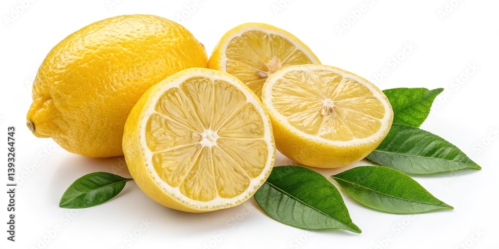 Fototapeta premium Fresh Lemons Still Life with Leaves, Citrus , Yellow Fruit