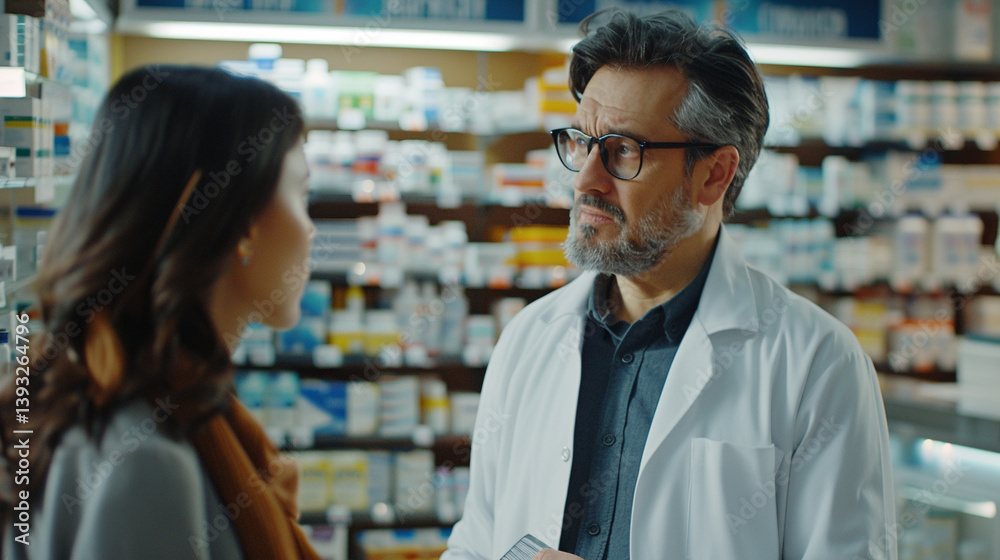 A pharmacist consulting with a customer about medication. stock image, hd quality, natural look, blog post, health care A pharmacist consulting with a customer about medication. stock image, hd quality, natural look, blog post, health care