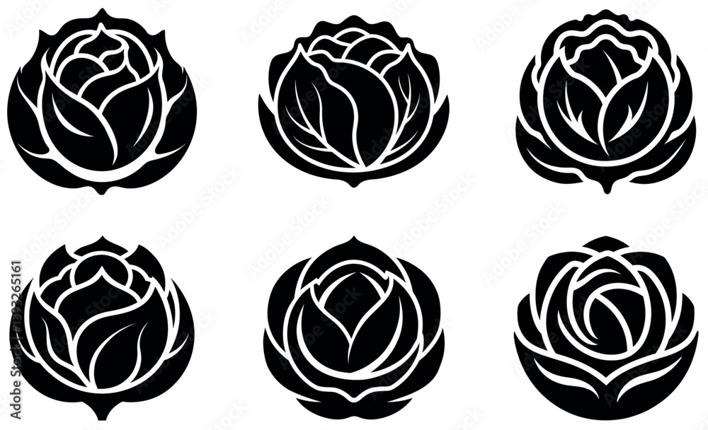 Cabbage Silhouettes Set – Vegetable Icons with Leafy Patterns for Food, Farming, and Design Cabbage Silhouettes Set – Vegetable Icons with Leafy Patterns for Food, Farming, and Design