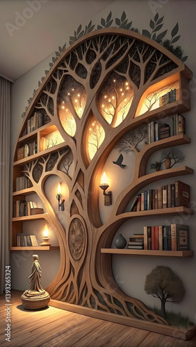 Creative bookshelf shaped like a tree in cozy home library, whimsical reading nook interior design