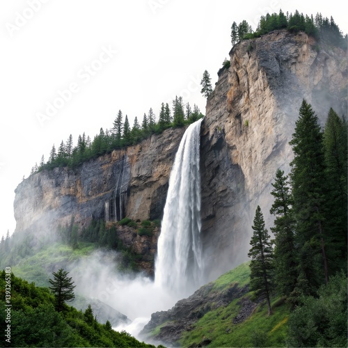 Dramatic Waterfall Cascade from Rocky Cliff with Lush Green Trees, Natural ,Landscape