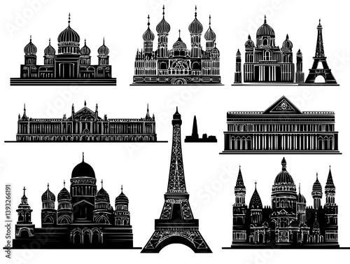 Collection of Monumental buildings vector icons, Monumental buildings illustration art