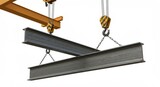 Steel I-beams suspended by crane hooks against a clean white background, architectural construction concept