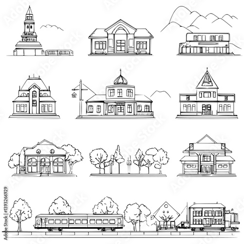 Collection of Train stations line vector designs, Train stations vector illustrations