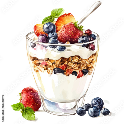 A watercolor vector illustration of a yogurt parfait, isolated on a white background.

