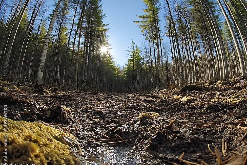 Fototapeta premium Forest Floor Perspective with Sunlight through Trees Nature Scene Hiking Trail Adventure Explore Wilderness Outdoors : Generative AI