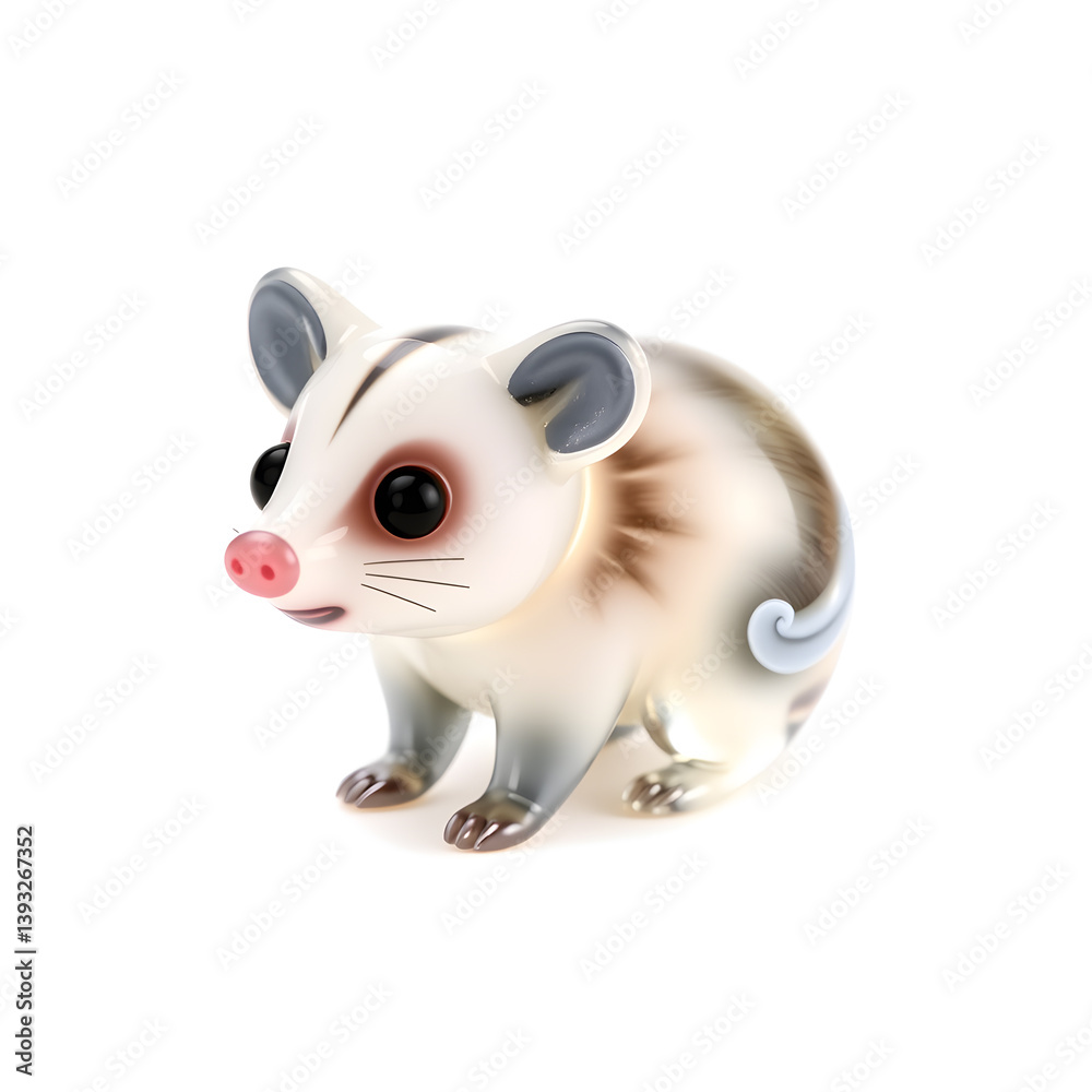 Opossum – A 3D cute glass opossum figurine, tiny rounded body, glossy transparent surface with subtle gray accents, white background, icon illustration. Generative AI Opossum – A 3D cute glass opossum figurine, tiny rounded body, glossy transparent surface with subtle gray accents, white background, icon illustration. Generative AI