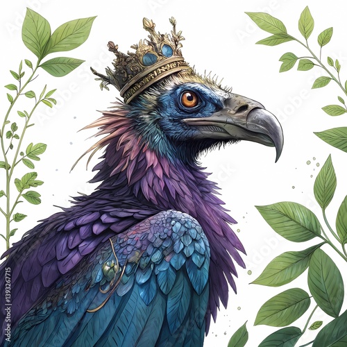 A captivating close-up of an avian figure, adorned with a majestic crown, captured in a vivid artistic style, conveying an aura of authority and regal bearing.