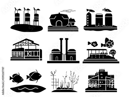 Collection of Aquaculture facilities vector icons, Aquaculture facilities vector graphics